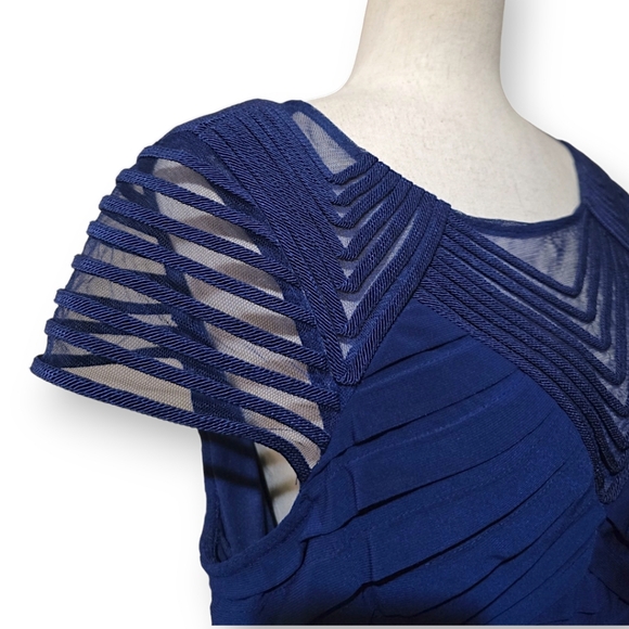 Adrianna Papell Navy Blue Shutter Pleat Sheath Illusion Cocktail Party Dress, 16 - Picture 9 of 14